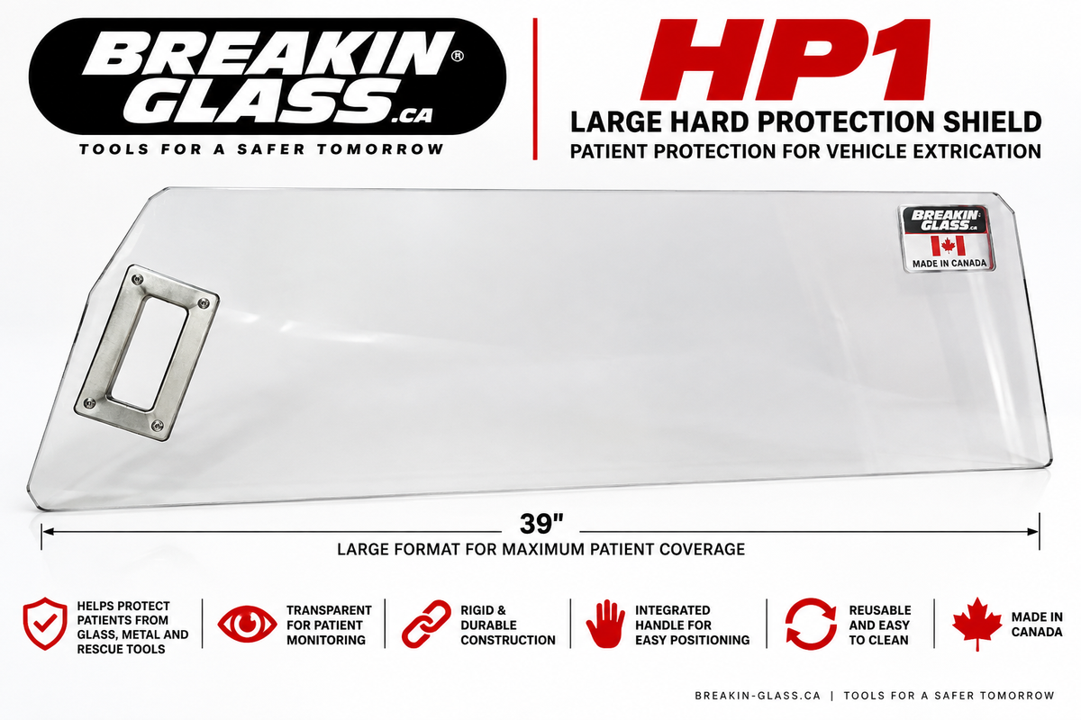 Breakin-Glass HP1 39-inch clear hard patient protection shield for vehicle extrication and fire rescue.