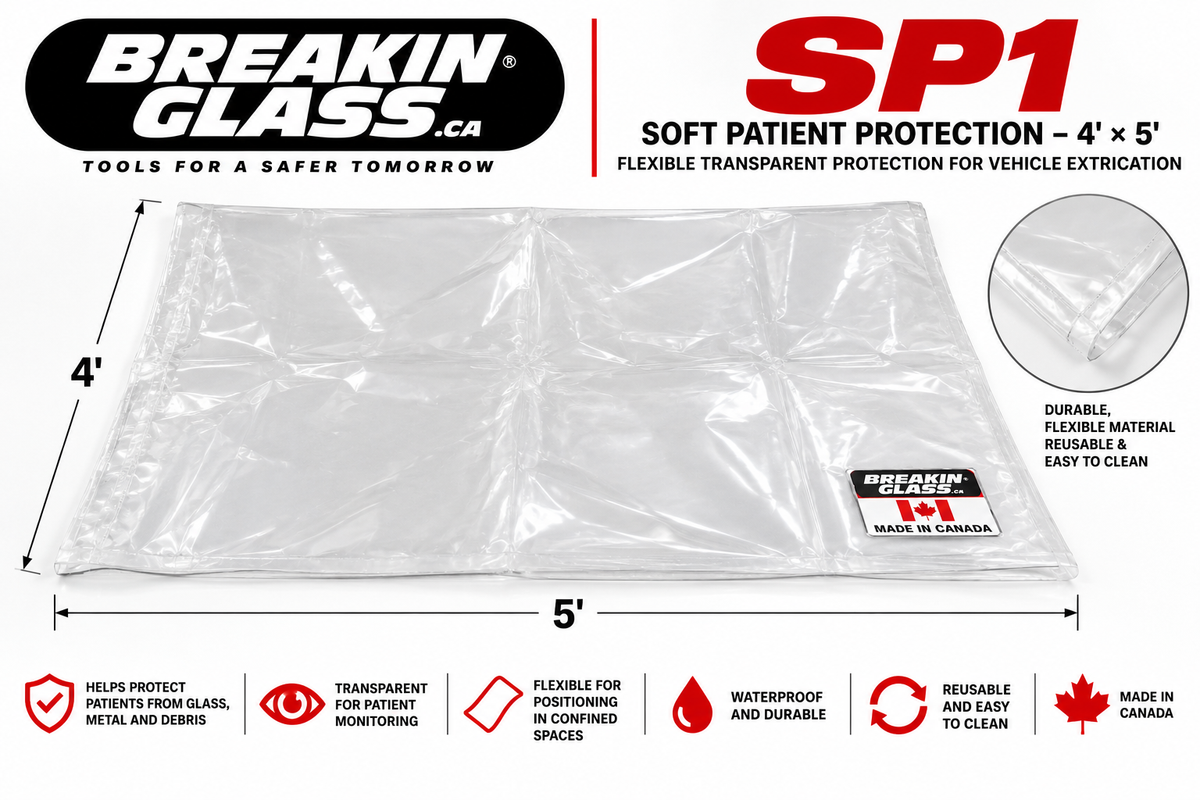 Breakin-Glass SP1 4 × 5-foot transparent soft patient protection cover for vehicle extrication and fire rescue.
