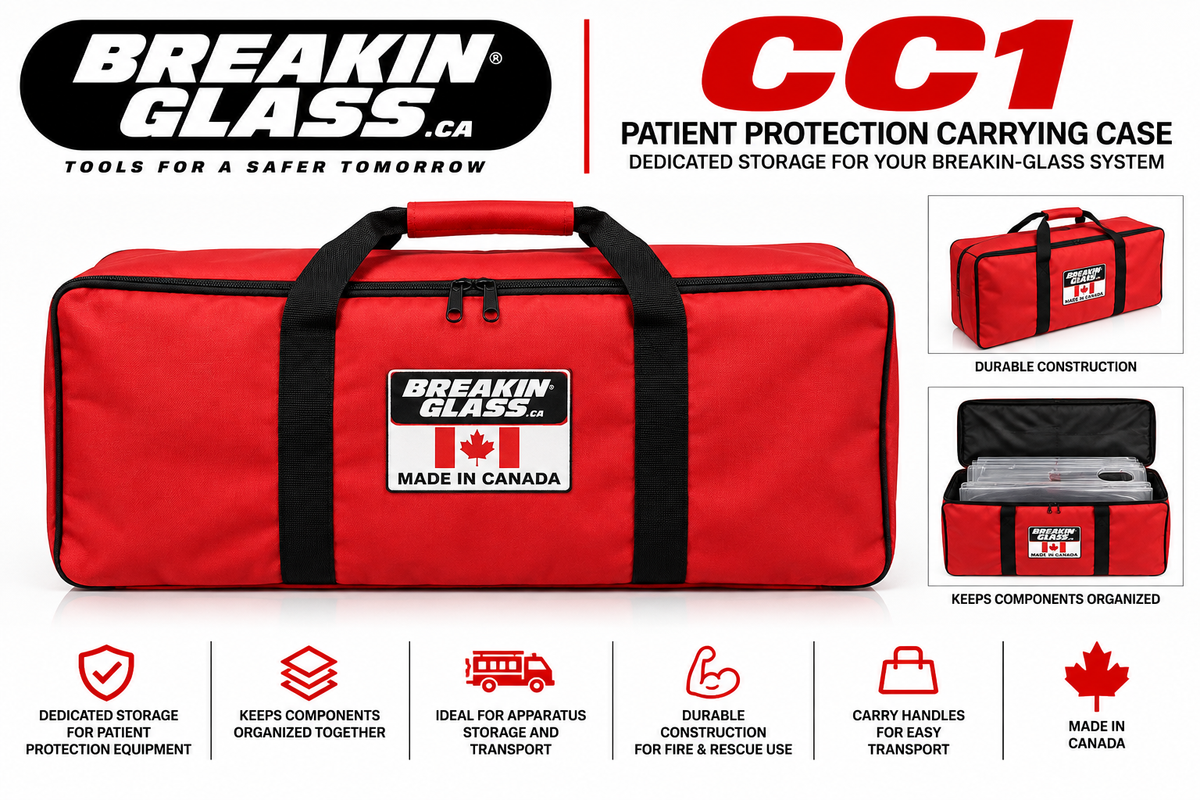 Breakin-Glass CC1 red carrying case for storing and transporting vehicle-extrication patient protection equipment.
