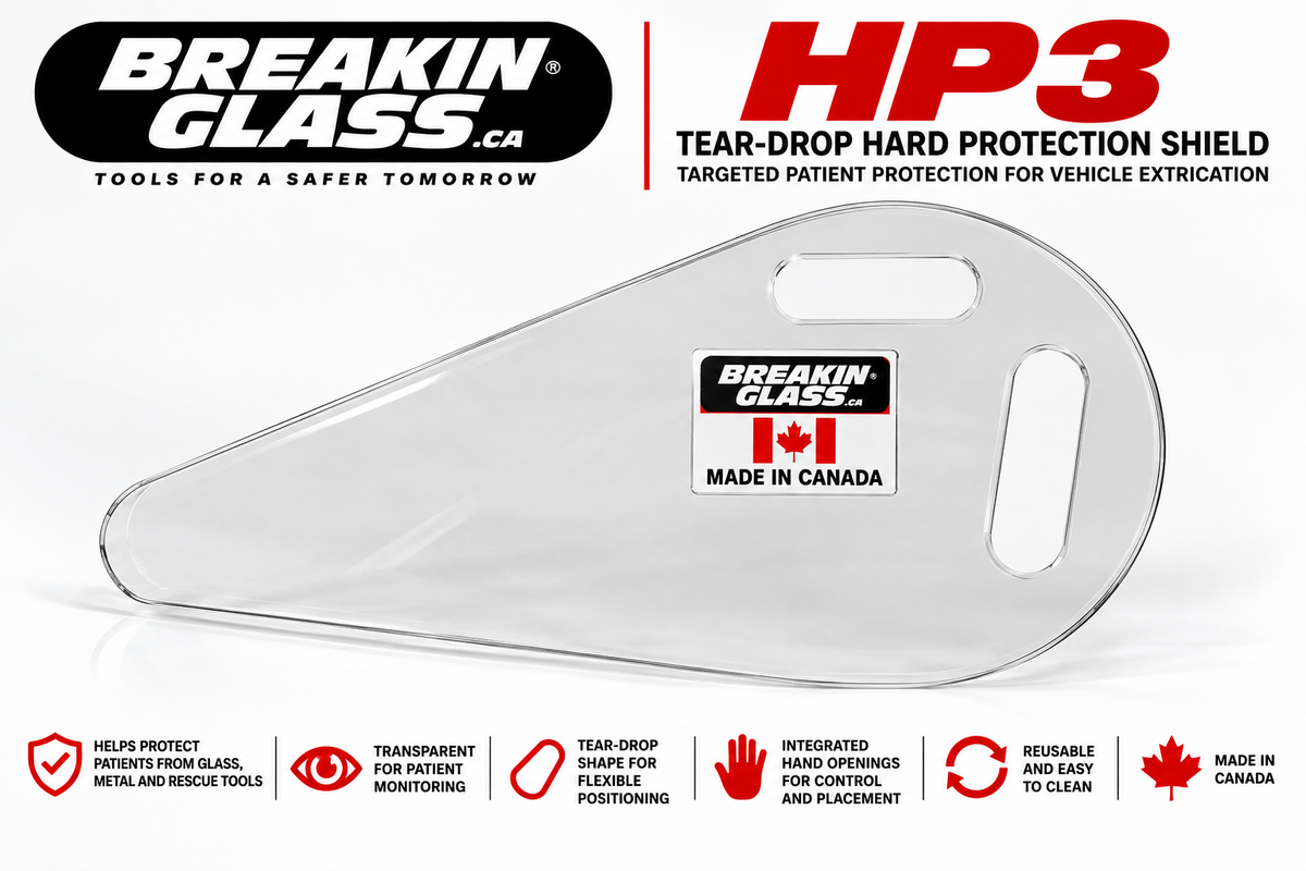 Breakin-Glass HP3 clear tear-drop hard patient protection shield for close-quarter vehicle extrication.