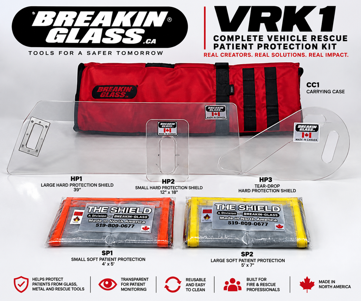 Breakin-Glass VRK1 vehicle extrication patient protection kit with three clear shields, two soft covers and red carrying case.